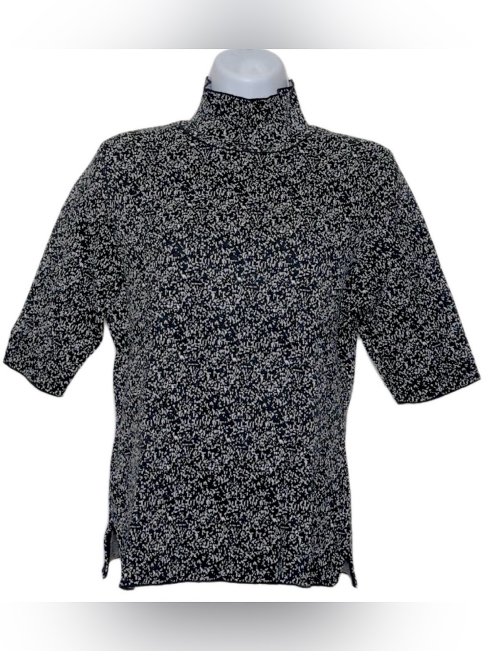Ann Taylor Women’s Black/White Speckled Knit Mock Neck 3/4 Sleeve Top Size M